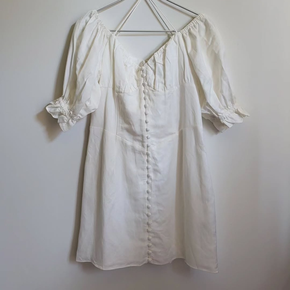 White Button-Down Puff Sleeve Dress